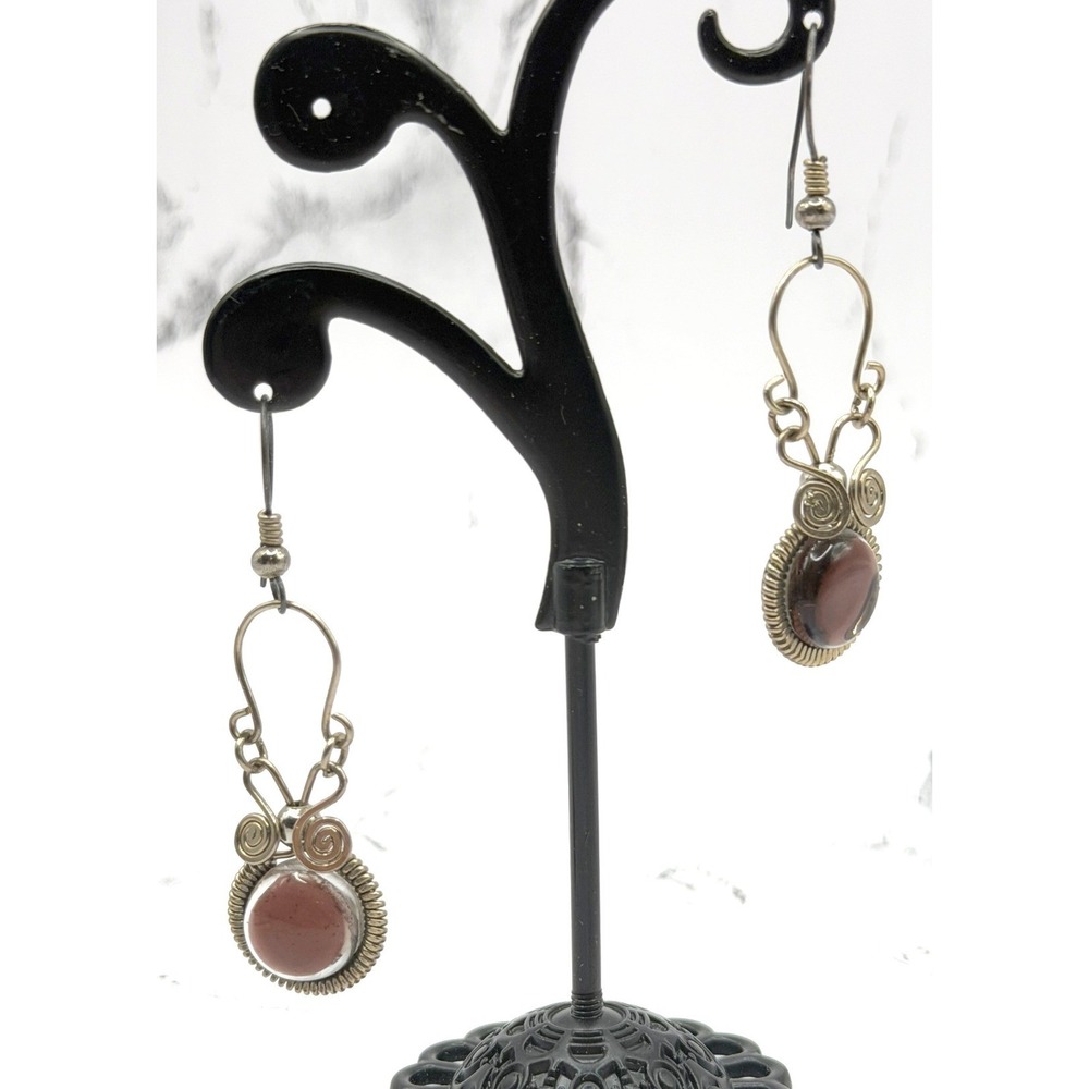 Brown Glass Dangle Earrings Silver Wire Rustic Artisan 2"